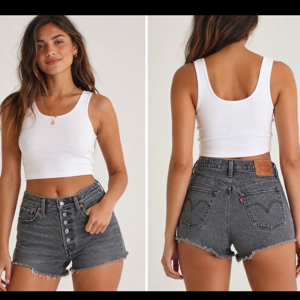 Levis Premium 501 Original High Rise Denim Shorts Gray Button Fly Frayed Hem W32